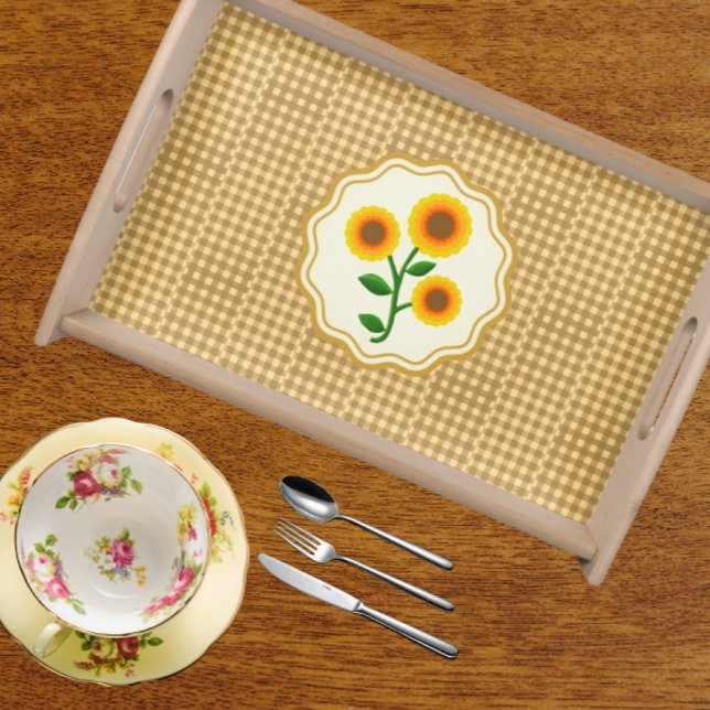 Country Style Off Set Brown Yellow Check Sunflower Serving Tray (Fun rustic gingham and sunflower!)