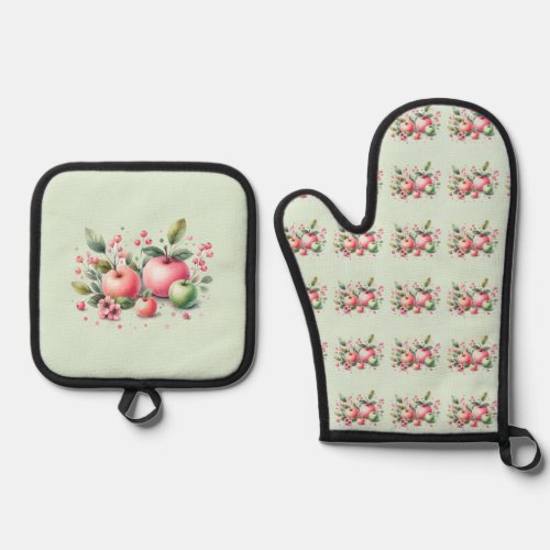 Country Style Orchard Apple Theme  Oven Mitt  Pot Holder Set