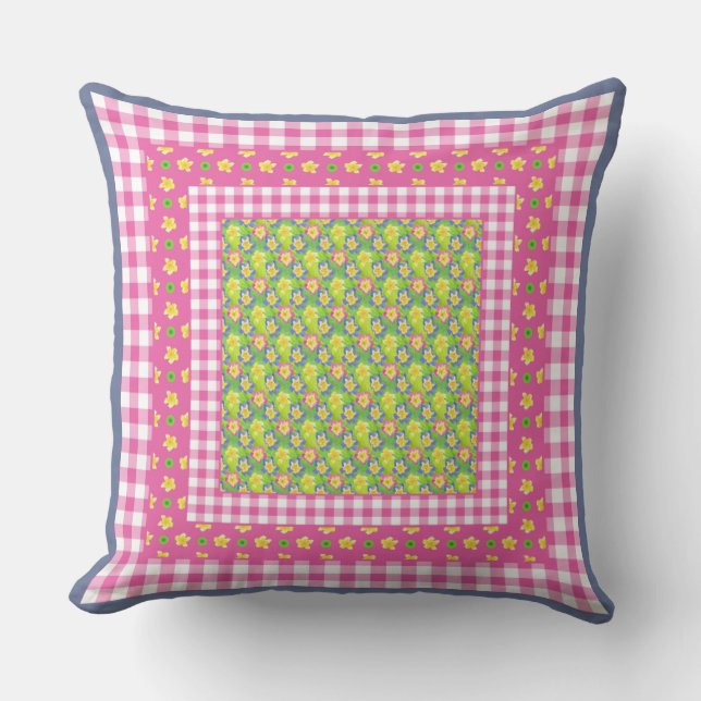 Country-style Primroses and Gingham Throw Pillow (Front)