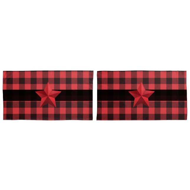 Country Style Red & Black Buffalo Plaid Red Star Pillow Case (Front-Set)