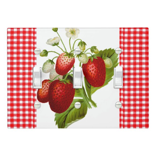 Country Style Red Gingham and Strawberries Light Switch Cover (In Situ)