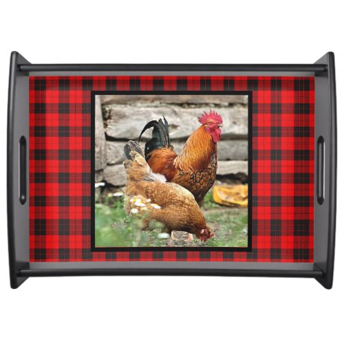 Country Style Red Plaid with Rooster Chicken Large Serving Tray