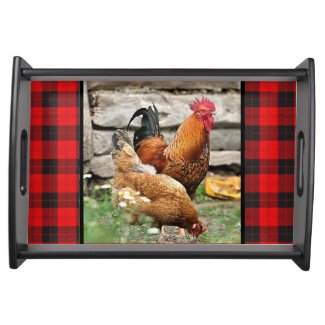 Country Style Red Plaid with Rooster Hen / Chicken Serving Tray