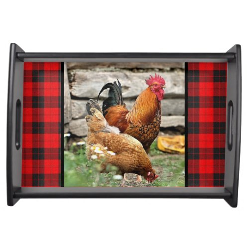 Country Style Red Plaid with Rooster Hen  Chicken Serving Tray