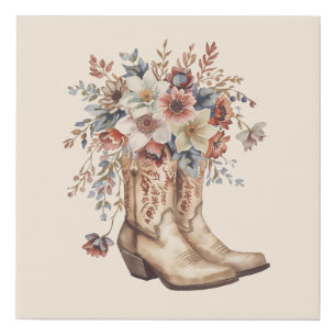 Country Style Rustic Cowgirl Floral Boots Faux Canvas Print