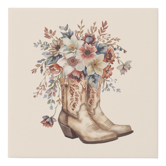 Country Style Rustic Cowgirl Floral Boots Faux Canvas Print (Front)