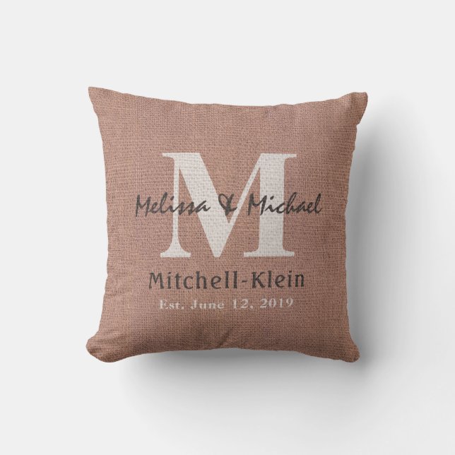 Country Style Wedding Monogram Faux Burlap Throw Pillow (Front)
