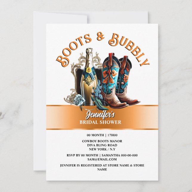 Country summer cowboy boots orange bubbly chic invitation (Front)