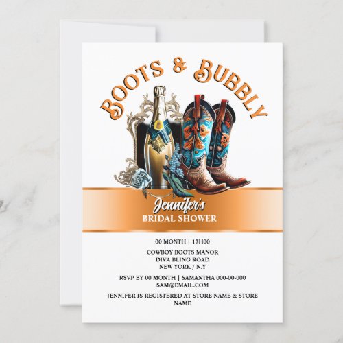 Country summer cowboy boots orange bubbly chic invitation
