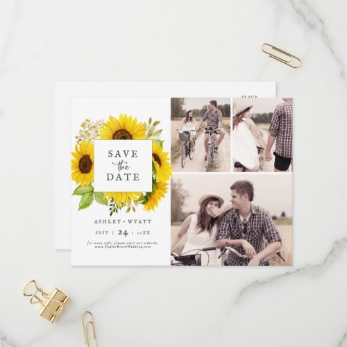 Country Sunflower 3 Photo Collage Save the Date Invitation Postcard