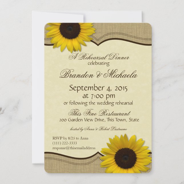 Country Sunflower and Burlap Rehearsal Dinner Invitation (Front)