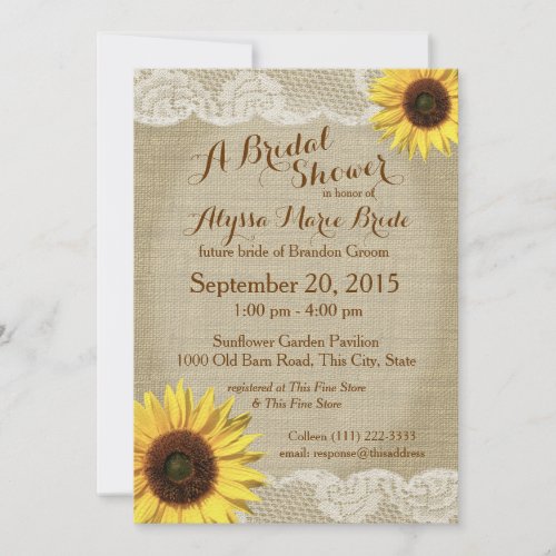 Country Sunflower and Lace Bridal Shower Custom Invites