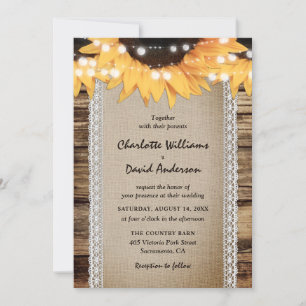 Country Sunflower Barn Wood String Lights Wedding Invitation