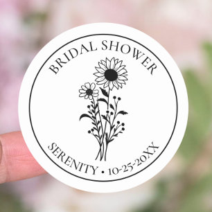 Country Sunflower Black White Floral Bridal Shower Classic Round Sticker