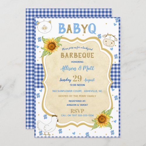 Country Sunflower Blue Gingham Baby Q Barbecue Invitation
