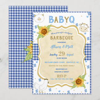 Country Sunflower Blue Gingham Baby Q Barbecue Invitation