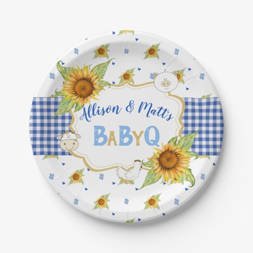Country Sunflower Blue Gingham Baby Q Barbeque Paper Plates