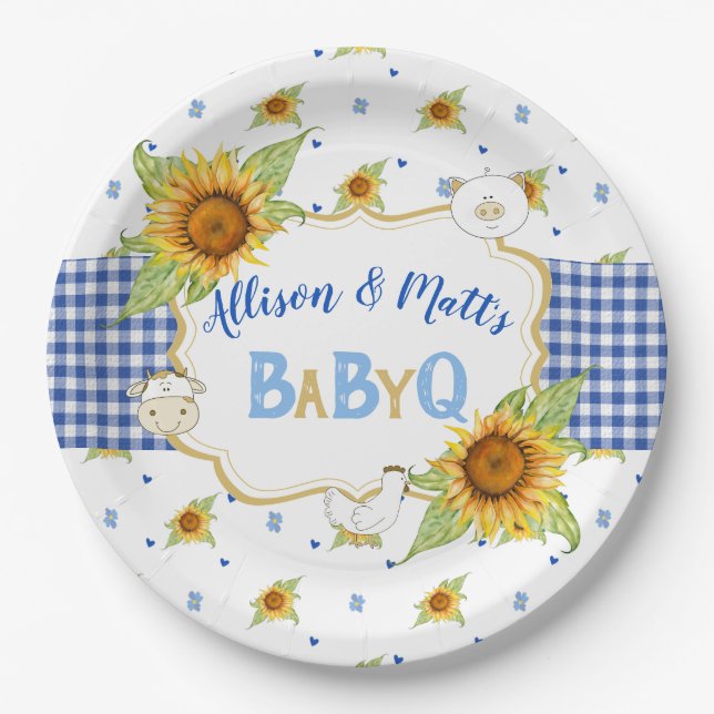 Country Sunflower Blue Gingham Baby Q Barbeque Paper Plates (Front)