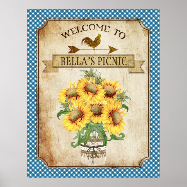 Country Sunflower Blue Gingham Poster (Front)