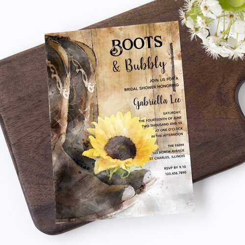 Country Sunflower Boots and Bubbly Bridal Shower Invitation