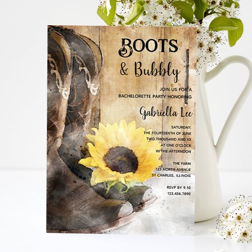 Country Sunflower BootsBubbly Bachelorette Party Invitation