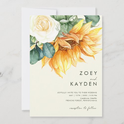 Country Sunflower Bouquet Cream All In One Wedding Invitation