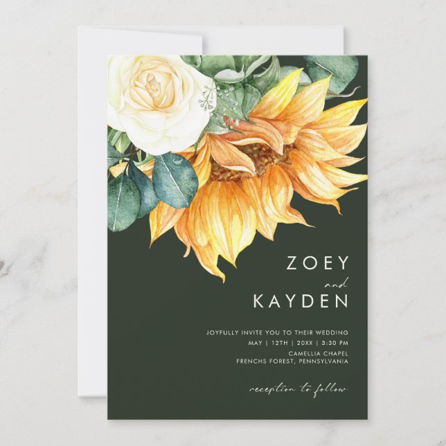 Country Sunflower Bouquet Green All In One Wedding Invitation (Front)