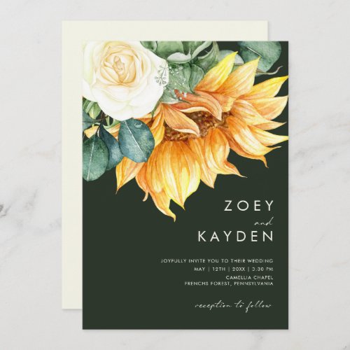 Country Sunflower Bouquet Green All In One Wedding Invitation