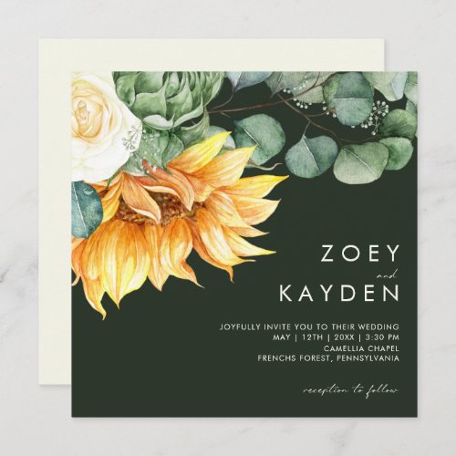 Country Sunflower bouquet  Green Square Wedding Invitation