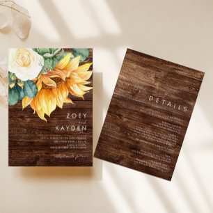 Country Sunflower Bouquet Wood All In One Wedding Invitation