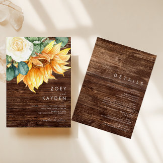 Country Sunflower Bouquet Wood All In One Wedding Invitation