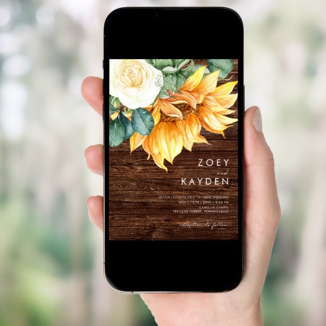 Country Sunflower Bouquet Wood All In One Wedding Invitation (Front Digital)