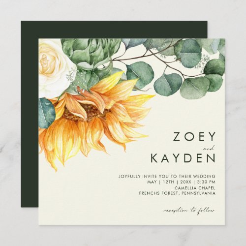 Country Sunflower bouquet Yellow Square Wedding Invitation
