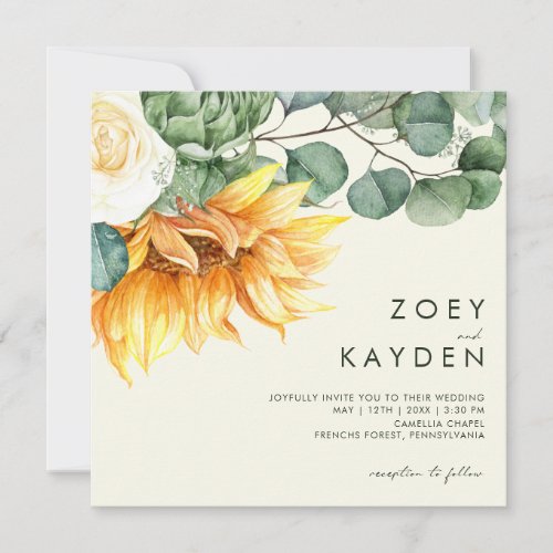 Country Sunflower bouquet Yellow Square Wedding Invitation