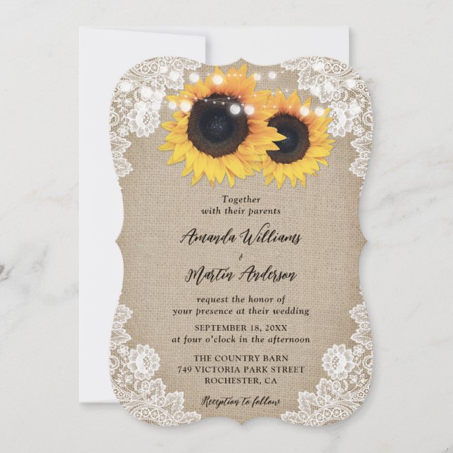 Country Sunflower Burlap Floral Lace Wedding Invitation (Front)
