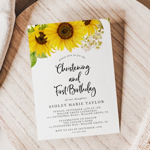 Country Sunflower Christening and First Birthday Invitation