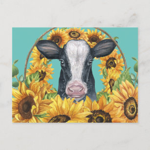 Country Sunflower Cow Postcard