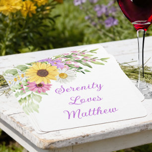 Country Sunflower Daisy Watercolor Floral Wedding Square Paper Coaster