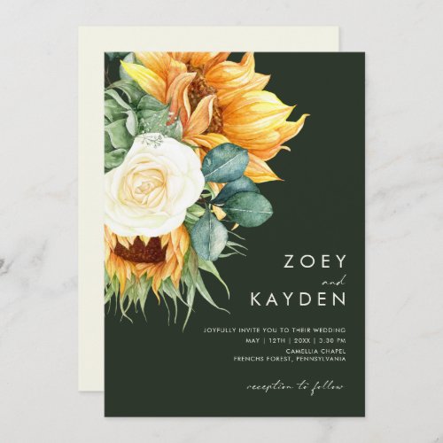 Country Sunflower  Dark Green All In One Wedding Invitation