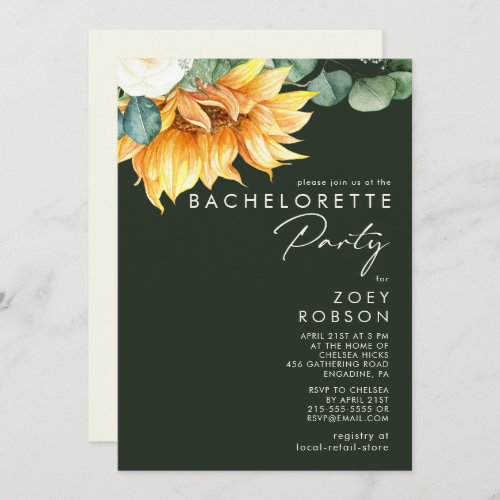 Country Sunflower  Dark Green Bachelorette Party Invitation