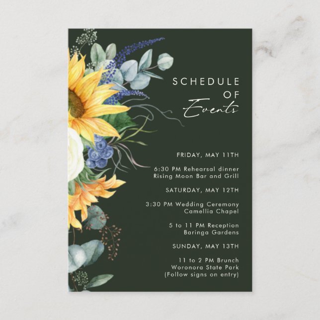 Country Sunflower | Dark Green Schedule of Events Enclosure Card (Front)