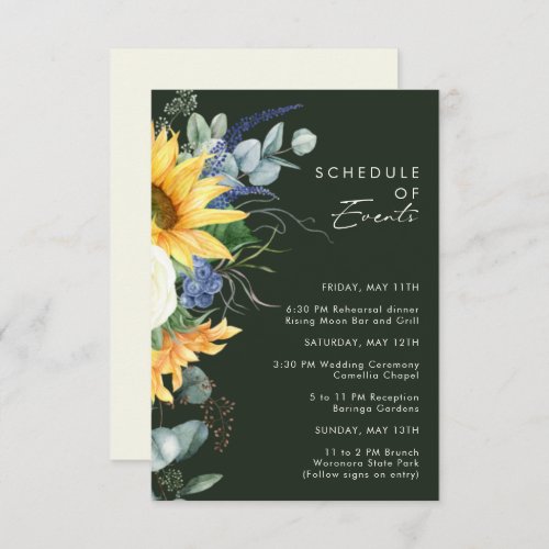 Country Sunflower  Dark Green Schedule of Events Enclosure Card