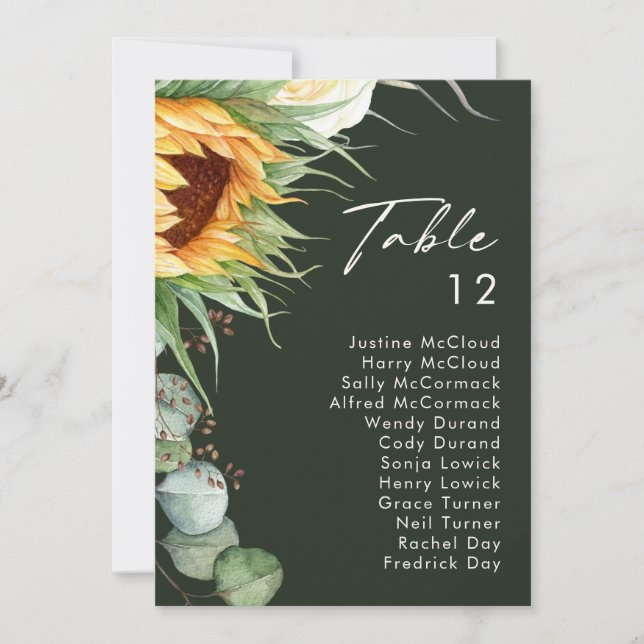 Country Sunflower | Dark Green Table Number Chart (Front)