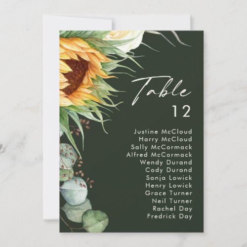 Country Sunflower  Dark Green Table Number Chart