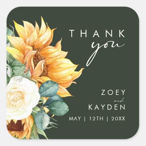 Country Sunflower  Dark Green Thank You Wedding Square Sticker