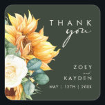 Country Sunflower | Dark Green Thank You Wedding Square Sticker<br><div class="desc">This country sunflower | dark green thank you wedding square sticker is perfect for your simple classic boho summer backyard barn wedding. Design features a bouquet of vintage watercolor yellow gold and rustic orange sunflowers, elegant modern sage green eucalyptus greenery, and a white ivory rose. The design is ideal for...</div>
