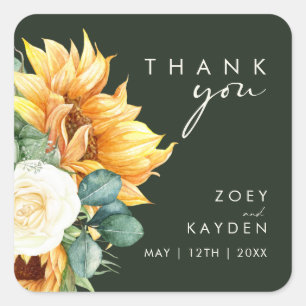 Country Sunflower Dark Green Thank You Wedding Square Sticker
