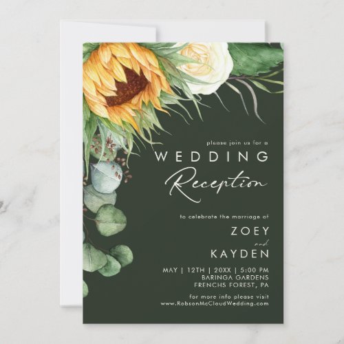 Country Sunflower  Dark Green Wedding Reception Invitation