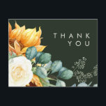 Country Sunflower | Dark Green Wedding Thank You Postcard<br><div class="desc">This country sunflower | dark green wedding thank you postcard is perfect for your simple classic boho summer backyard barn wedding. Design features a bouquet of vintage watercolor yellow gold and rustic orange sunflowers, elegant modern sage green eucalyptus greenery, and a white ivory rose. The design is ideal for a...</div>