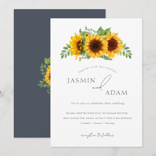 Country Sunflower Floral Slate Blue Wedding Invitation